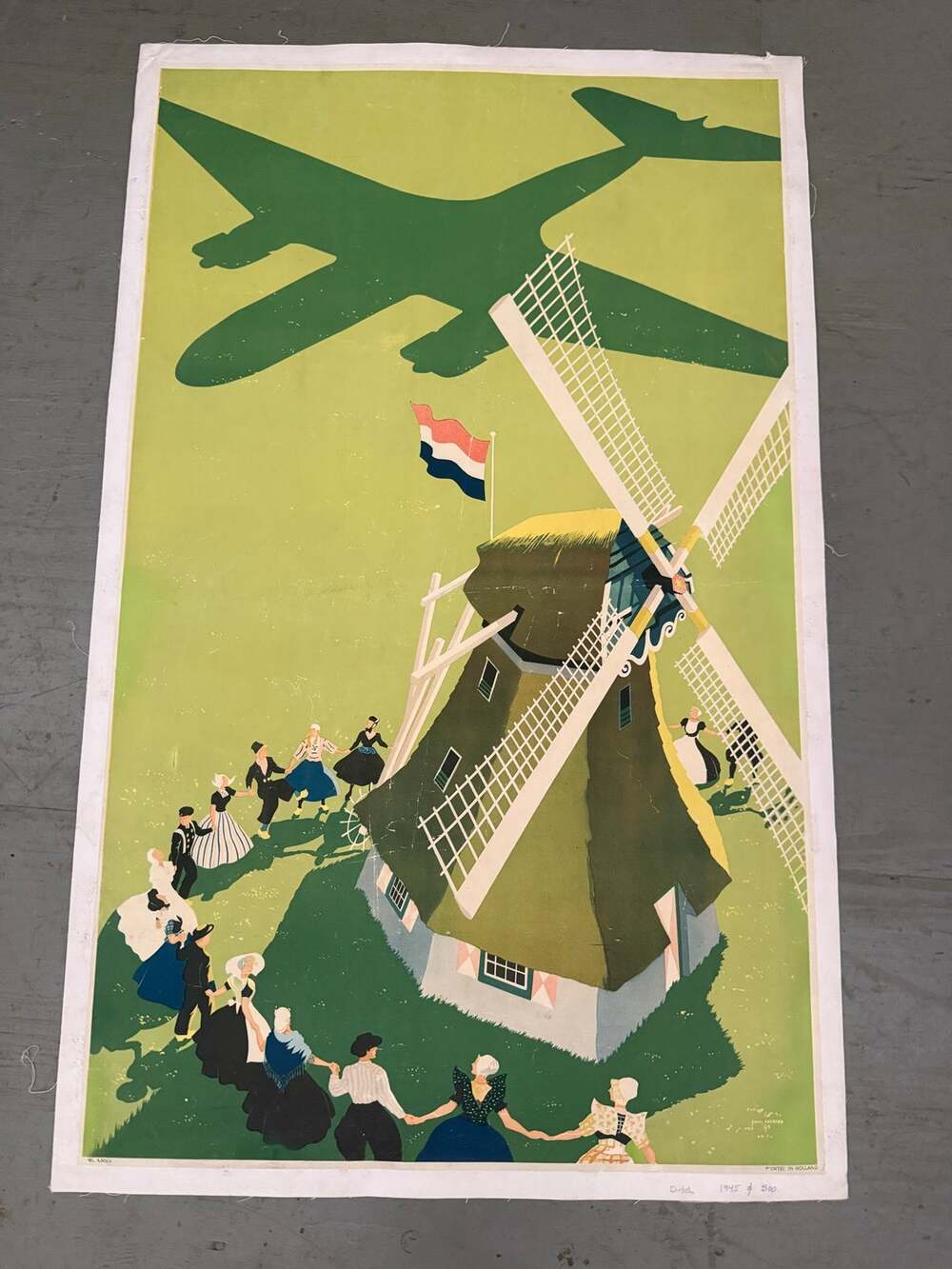 Signed 1945 Poster on Canvas Holland Royal Dutch Airlines KLM by Paul Erkelens